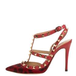 مملوكة مسبقًا Valentino Red Leather And Leopard Print Fur Rockstud Strappy Pointed Toe Sandals Size 35