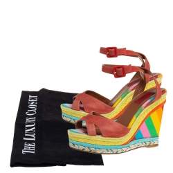 Pre Owned Valentino Red Suede Criss Cross Wedge Espadrille Sandals Size 38