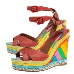 Pre Owned Valentino Red Suede Criss Cross Wedge Espadrille Sandals Size 38