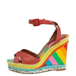 Pre Owned Valentino Red Suede Criss Cross Wedge Espadrille Sandals Size 38