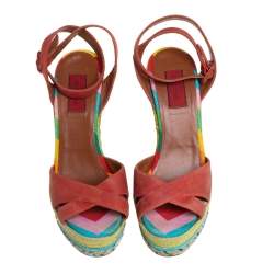 Pre Owned Valentino Red Suede Criss Cross Wedge Espadrille Sandals Size 38