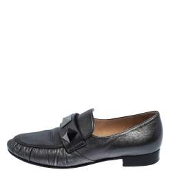 Pre Owned Valentino Metallic Grey Leather Rockstud Loafers Size 36