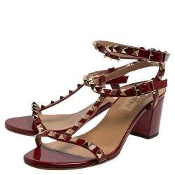 Pre Owned Valentino Red Patent Leather Rockstud Block Heel Ankle Strap Sandals Size 38