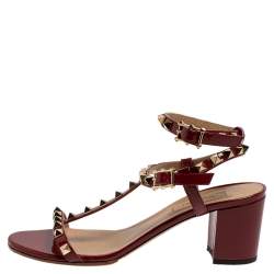 Pre Owned Valentino Red Patent Leather Rockstud Block Heel Ankle Strap Sandals Size 38