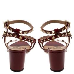 Pre Owned Valentino Red Patent Leather Rockstud Block Heel Ankle Strap Sandals Size 38
