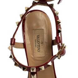 Pre Owned Valentino Red Patent Leather Rockstud Block Heel Ankle Strap Sandals Size 38