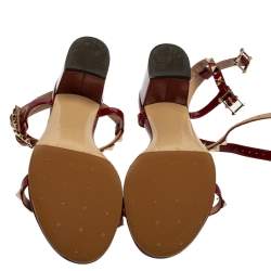 Pre Owned Valentino Red Patent Leather Rockstud Block Heel Ankle Strap Sandals Size 38