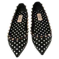 Pre Owned Valentino Black/White Leather Polka Dot Rockstud Ballet Flats Size 39