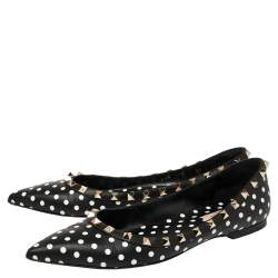 Pre Owned Valentino Black/White Leather Polka Dot Rockstud Ballet Flats Size 39