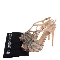 Valentino Beige Crystal Embellished Suede And Mesh Platform Ankle Strap Sandals Size 37