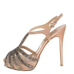 Valentino Beige Crystal Embellished Suede And Mesh Platform Ankle Strap Sandals Size 37