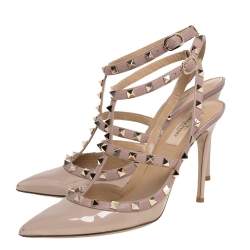 Pre Owned Valentino Beige Patent And Leather Rockstud Ankle Strap Sandals Size 39.5