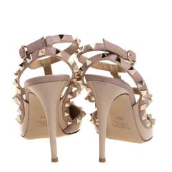 Pre Owned Valentino Beige Patent And Leather Rockstud Ankle Strap Sandals Size 39.5