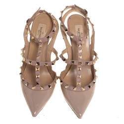 Pre Owned Valentino Beige Patent And Leather Rockstud Ankle Strap Sandals Size 39.5