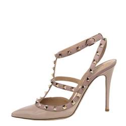 Pre Owned Valentino Beige Patent And Leather Rockstud Ankle Strap Sandals Size 39.5