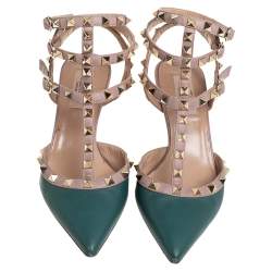 Valentino Green/Beige Leather Rockstud Ankle Strap Sandals Size 37