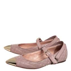 Pre Owned Valentino Pink Quilted Leather Rockstud Metal Cap Toe Ballerina Flats Size 37.5