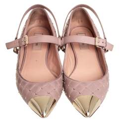Pre Owned Valentino Pink Quilted Leather Rockstud Metal Cap Toe Ballerina Flats Size 37.5