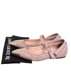 Pre Owned Valentino Pink Quilted Leather Rockstud Metal Cap Toe Ballerina Flats Size 37.5