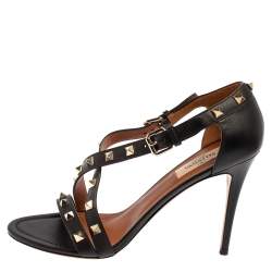 Pre Owned Valentino Black Leather Rockstud Open Toe Sandals Size 39