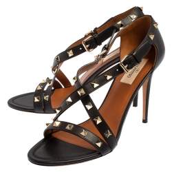 Pre Owned Valentino Black Leather Rockstud Open Toe Sandals Size 39