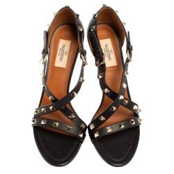 Pre Owned Valentino Black Leather Rockstud Open Toe Sandals Size 39