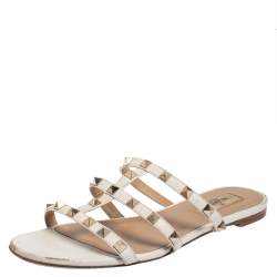 Pre Owned Valentino Off White Leather Rockstud Flat Sandals Size 37.5