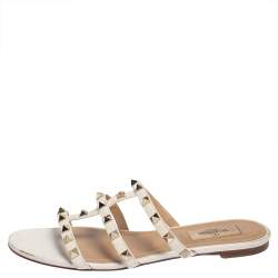 Pre Owned Valentino Off White Leather Rockstud Flat Sandals Size 37.5