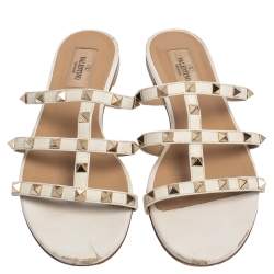 Pre Owned Valentino Off White Leather Rockstud Flat Sandals Size 37.5
