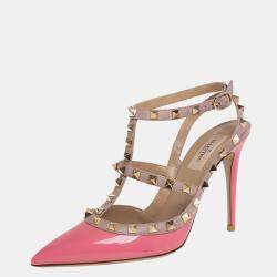 Pre Owned Valentino Pink Patent Leather Rockstud Ankle Strap Sandals Size 39