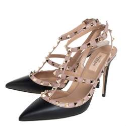 مملوكة مسبقًا صندل فالنتينو سير كاحل مقدمة مدببة روكستد جلد بيج/ أسود مقاس 40