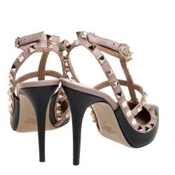 مملوكة مسبقًا صندل فالنتينو سير كاحل مقدمة مدببة روكستد جلد بيج/ أسود مقاس 40