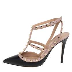 مملوكة مسبقًا صندل فالنتينو سير كاحل مقدمة مدببة روكستد جلد بيج/ أسود مقاس 40