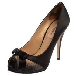 Pre Owned Valentino Black Satin Bow Peep Toe Platform Pumps Size 36