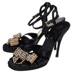 Pre Owned Valentino Black Satin Bow Crystal Embellished Ankle strap Sandals Size 37
