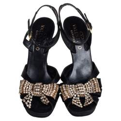 Pre Owned Valentino Black Satin Bow Crystal Embellished Ankle strap Sandals Size 37