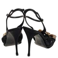 Pre Owned Valentino Black Satin Bow Crystal Embellished Ankle strap Sandals Size 37