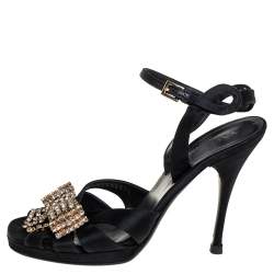 Pre Owned Valentino Black Satin Bow Crystal Embellished Ankle strap Sandals Size 37
