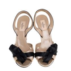 Pre Owned Valentino Black/Beige Satin Bow Slingback Sandals Size 38