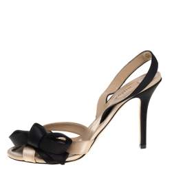 Pre Owned Valentino Black/Beige Satin Bow Slingback Sandals Size 38
