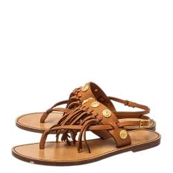 Valentino Brown Leather Fringed Coin Detail Flat Sandals Size 38