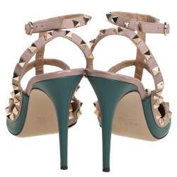 Pre Owned صندل فالنتينو جلد بيج/أخضر مزرق مرصع روكستد مقدمة مدببة سير كاحل مقاس 41
