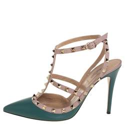 Pre Owned صندل فالنتينو جلد بيج/أخضر مزرق مرصع روكستد مقدمة مدببة سير كاحل مقاس 41