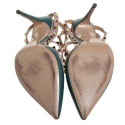 Pre Owned صندل فالنتينو جلد بيج/أخضر مزرق مرصع روكستد مقدمة مدببة سير كاحل مقاس 41