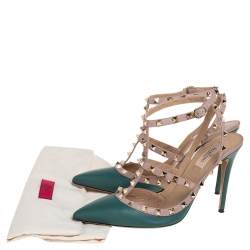 Pre Owned صندل فالنتينو جلد بيج/أخضر مزرق مرصع روكستد مقدمة مدببة سير كاحل مقاس 41
