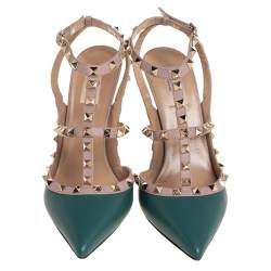 Pre Owned صندل فالنتينو جلد بيج/أخضر مزرق مرصع روكستد مقدمة مدببة سير كاحل مقاس 41