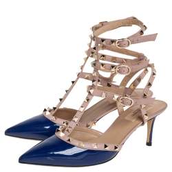 Valentino Blue/Beige Patent And Leather Rockstud Ankle Strap Sandals Size 39.5