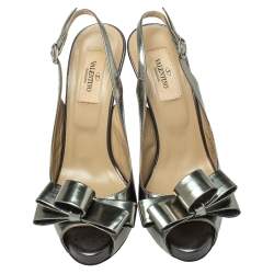 Pre Owned Valentino Metallic Grey Leather Bow Peep Toe Slingback Pumps Size 36