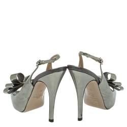 Pre Owned Valentino Metallic Grey Leather Bow Peep Toe Slingback Pumps Size 36