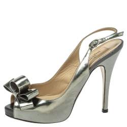 Pre Owned Valentino Metallic Grey Leather Bow Peep Toe Slingback Pumps Size 36